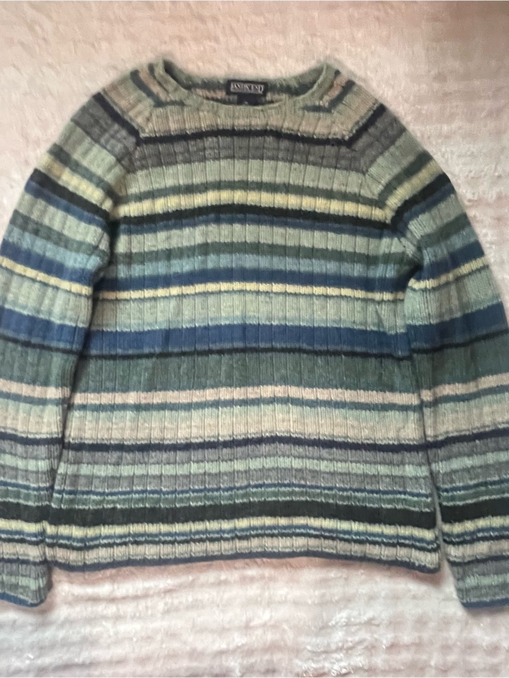 Lands' End Striped Crewneck Sweater in Green and Blue Tones 100% wool